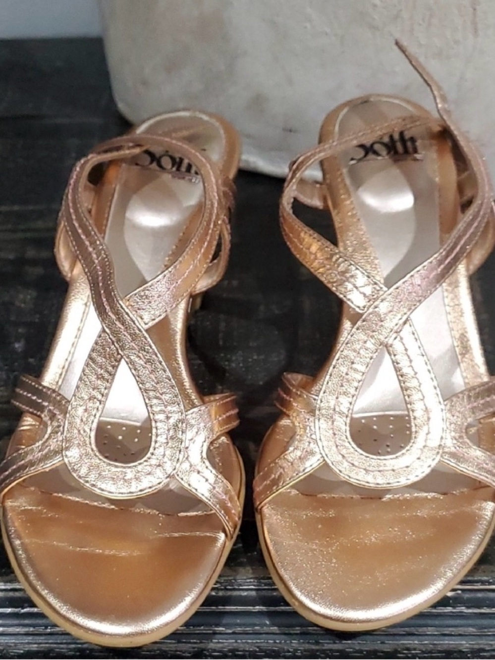 Sofft Metallic Cork Wedge Sandals Leather Rose Gold Paharita Summer Coastal